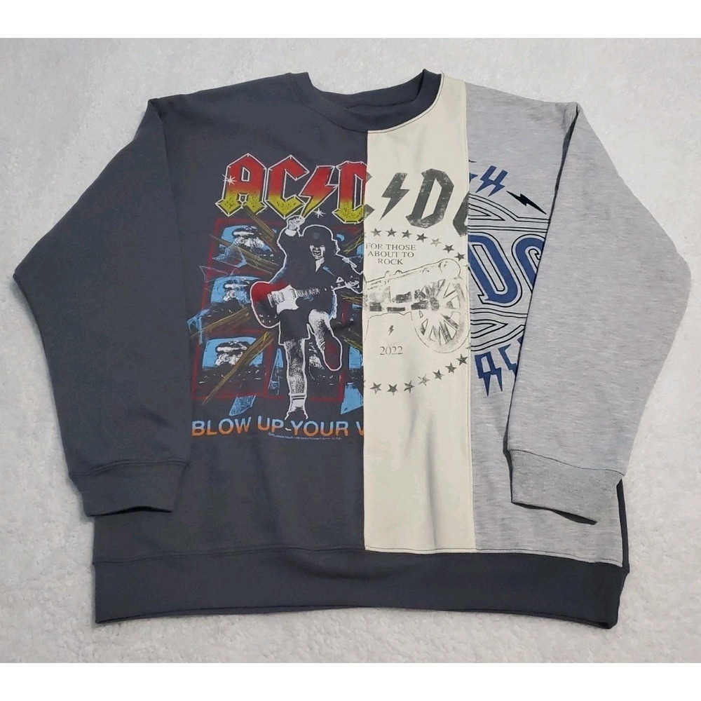 AC/DC Band Graphic Patchwork Sweatshirt Men's XL Pullover Crew Neck Gray Rock